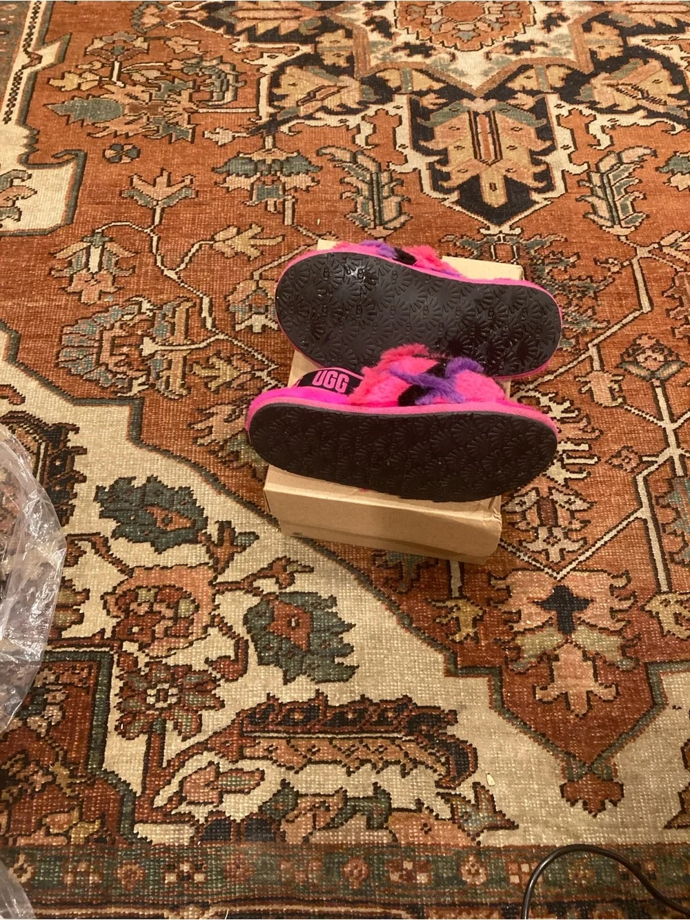 UGG Kids Fuzzy Slide Sandals in Hot Pink and Purple